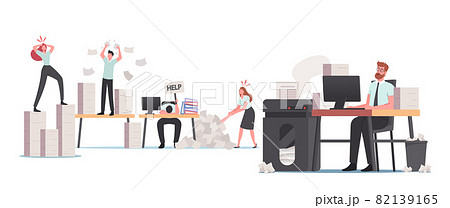 Stressed Office People in Paper Garbage, Busy Employees Characters Deadline Rush, Burnout. Clerks at Documentation Piles 82139165