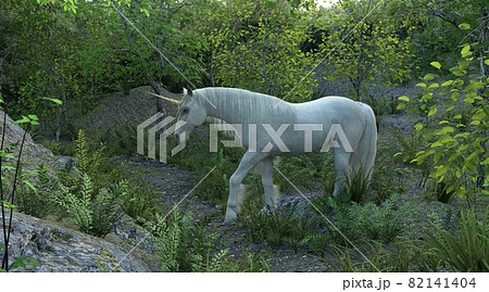 Fantasy unicorn in the fairy forest 3d illustration 82141404