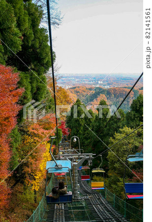 紅葉のロープウェイ 眼下に広がる霞む街 紅葉のロープウェイ 眼下に広がる霞む街 82141561