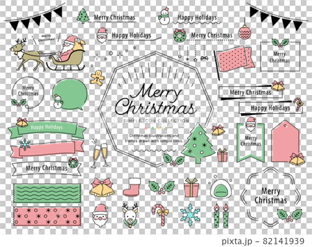 クリスマスのシンプルな線画イラストフレームセット / サンタクロース、クリスマスツリー、飾り 82141939