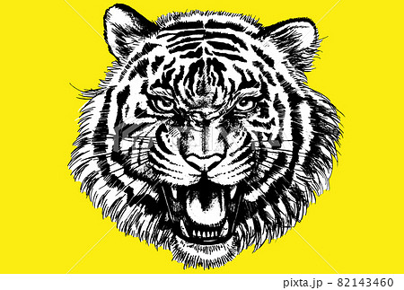 正面を向いて吠えている虎の顔の年賀状テンプレートのイラスト素材