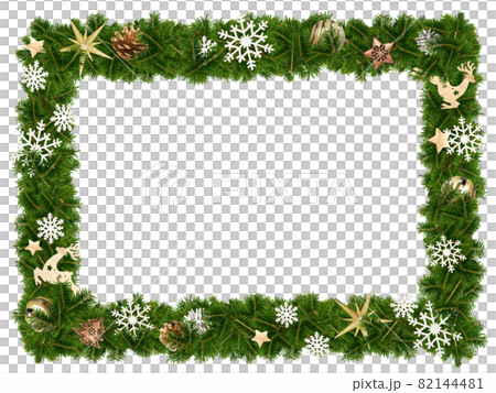 オーナメントを飾り付けたもみの木のフレーム - 背景透過 - 切り抜かれています オーナメントを飾り付けたもみの木のフレーム - 背景透過 - 切り抜かれています 82144481