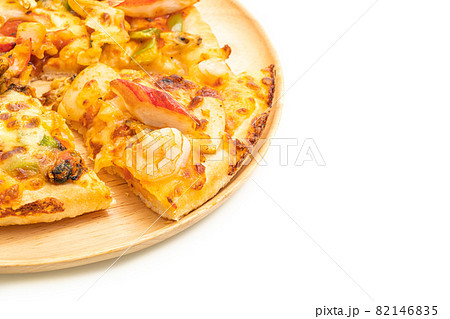 seafood pizza on wood tray 82146835