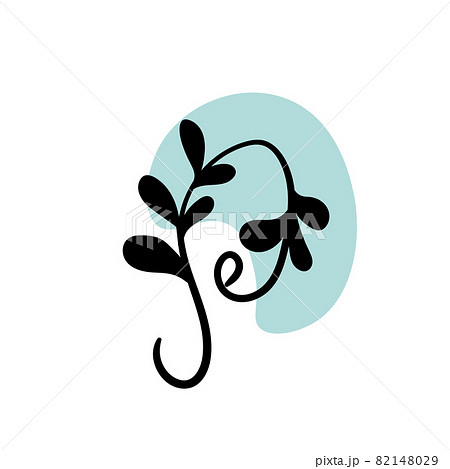 Branch with an abstract round spot. Artistic floral minimalist print. Isolated black silhouette of a plant with pastel drops. Modern watercolor shapes with leaves, acrylic ink blobs. Vector element 82148029