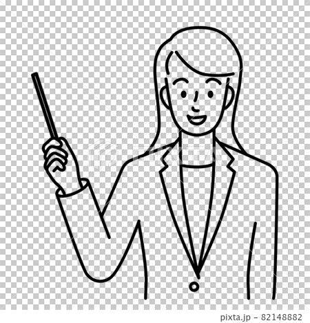 Upper body (line) of a young woman in a suit holding a pointer in her right hand Upper body (line) of a young woman in a suit holding a pointer in her right hand 82148882