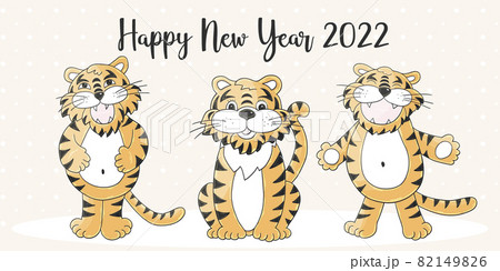 Symbol of 2022. New Year vector greeting card in hand draw style. New Year. Three tigers. Cartoon illustration 82149826