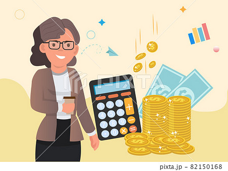 The financial advisor stood beside the pile of coins, smiling friendly and waving. Successful Investor or Entrepreneur financial advisor investment and savings modern vector illustration 82150168