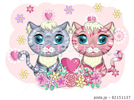 Cute Cartoon Cat Kitty Couple In Love のイラスト素材