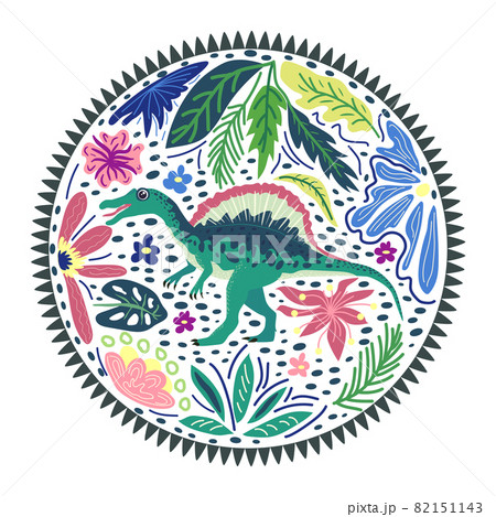 Spinosaurus emerald, prehistoric dinosaurs collection. Ancient animals. Hand drawn. In a frame of flowers and leaves. Spinosaurus emerald, prehistoric dinosaurs collection. Ancient animals. Hand drawn. In a frame of flowers and leaves. 82151143