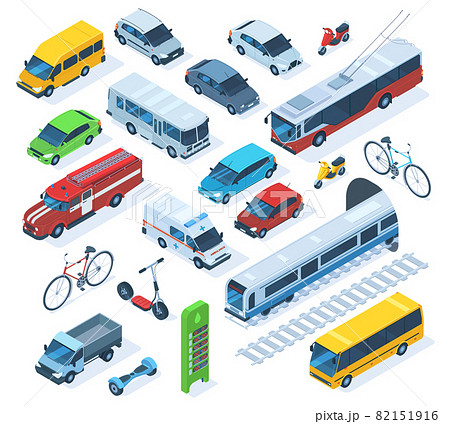 Isometric public city transport, scooter, bus, fire engine. Public municipal and private cars, ambulance, truck and train vector illustration set. City urban transport Isometric public city transport, scooter, bus, fire engine. Public municipal and private cars, ambulance, truck and train vector illustration set. City urban transport 82151916