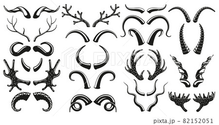 Hunting wild animals, deer, goat horns antlers silhouettes. Moose, deer, ram, goat, bison horns black silhouette vector illustration set. Trophy hoofed animals horns 82152051