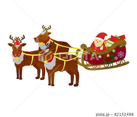 クリスマスプレゼントを配りに行くサンタとトナカイのイラスト素材