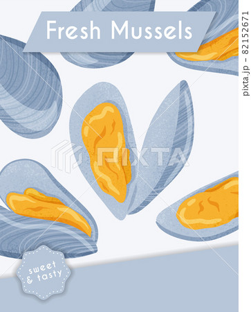Fresh tasty seafood clams, shellfish in seashells vector hand drawn poster design with text space. Fresh tasty seafood clams, shellfish in seashells vector hand drawn poster design with text space. 82152671