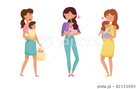 Moms hugging toddler babies set. Happy young mothers holding little kids on their arms with love cartoon vector illustration Moms hugging toddler babies set. Happy young mothers holding little kids on their arms with love cartoon vector illustration 82153093