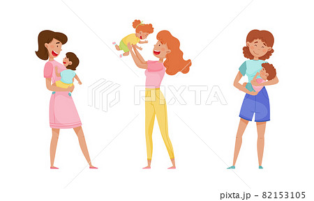 Mom hugging toddler baby set. Happy mothers carrying little kids on their hands cartoon vector illustration Mom hugging toddler baby set. Happy mothers carrying little kids on their hands cartoon vector illustration 82153105