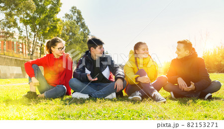 Group of teenagers chatting while sitting on green lawn Group of teenagers chatting while sitting on green lawn 82153271