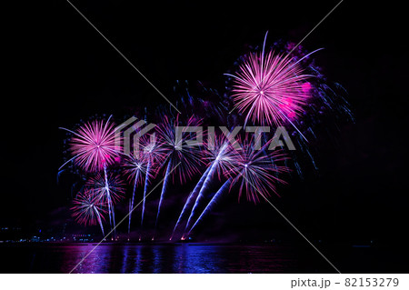 Colorful fireworks of various colors at night with celebration and anniversary concept Colorful fireworks of various colors at night with celebration and anniversary concept 82153279