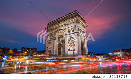 Famous Champs-Elysees and Arc de Triomphe at twilight in Paris 82153713
