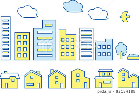 ビルと家の建物イラストセット 黄色と水色 のイラスト素材 1541