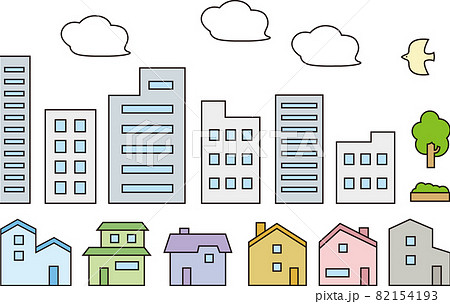 ビルと家の建物イラストセット 線画カラー のイラスト素材