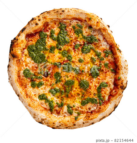 Isolated appetizing fresh pizza with pesto sauce Isolated appetizing fresh pizza with pesto sauce 82154644