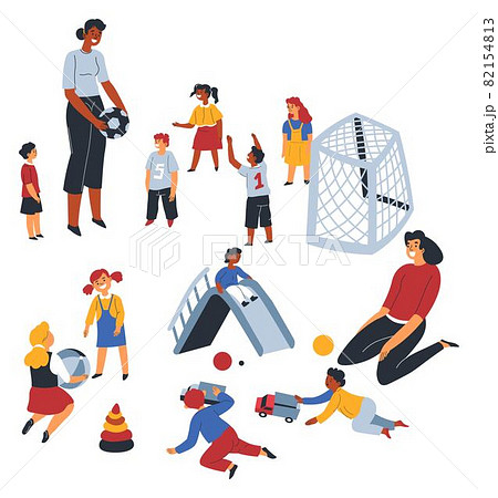 Teacher playing with kids, football and games Teacher playing with kids, football and games 82154813