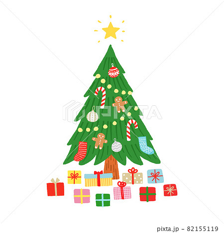 クリスマスツリーとプレゼントのベクターイラスト　手描きのクリスマスツリー 82155119