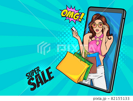 surprised woman holding shopping bags out of smartphone online shopping concept surprised woman holding shopping bags out of smartphone online shopping concept 82155133