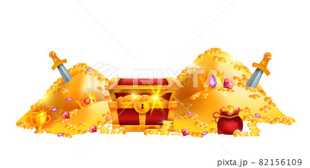Gold pirate treasure vector illustration, old cartoon chest, money coin pile, royal crown Gold pirate treasure vector illustration, old cartoon chest, money coin pile, royal crown 82156109