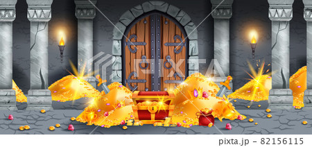 Gold treasure vector background, medieval old chest, coin pile, seamless castle dungeon game level Gold treasure vector background, medieval old chest, coin pile, seamless castle dungeon game level 82156115