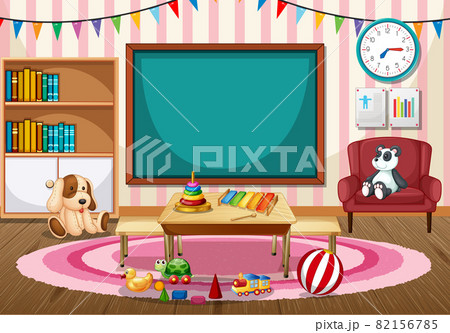 Empty kindergarten classroom interior with chalkboard and kid toys Empty kindergarten classroom interior with chalkboard and kid toys 82156785