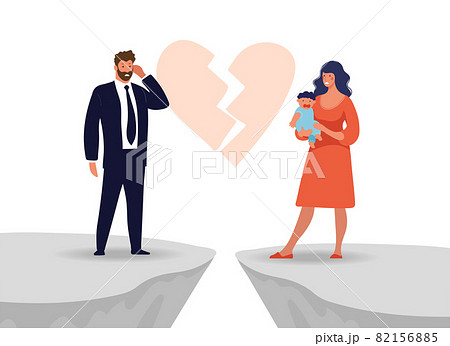 Divorce in a family with children, broken relations between a man and a woman, concept illustration about conflict in a relationship, quarrel, parting. Flat cartoon vector illustration. 82156885