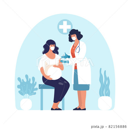Pregnant woman at the doctor, a nurse giving an injection to momduring pregnancy, vaccinations and an appointment at the clinic, pregnancy health. Flat cartoon vector illustration isolated on white ba 82156886