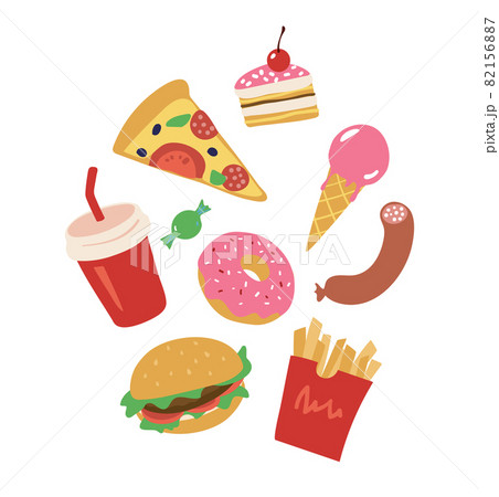 Lunch from fast food restaurant pizza hamburger soda and cake. Junk food illustrations set. Vector illustration isolated on white background. 82156887