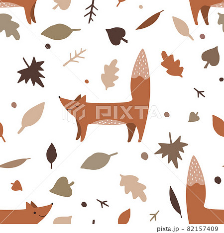 Foxes and autumn fall leaves, flowers, vector seamless pattern. Forest illustration. Nature design. Thanksgiving day. Fall season with cute forest animal 82157409
