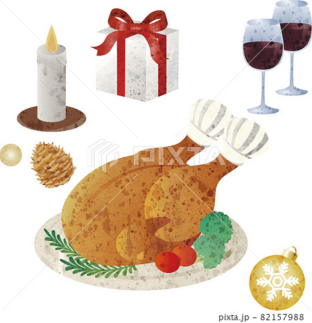 クリスマス　ローストチキン　パーティ　料理　ごちそう　水彩　イラスト素材セット 82157988