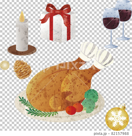 クリスマス　ローストチキン　パーティ　料理　ごちそう　水彩　イラスト素材セット 82157988