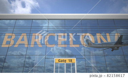 BARCELONA text revealed with landing airplane on airport building. 3d rendering BARCELONA text revealed with landing airplane on airport building. 3d rendering 82158617
