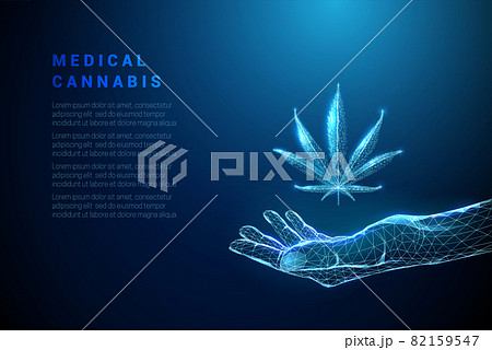 Abstract blue giving hand with cannabis leaf 82159547