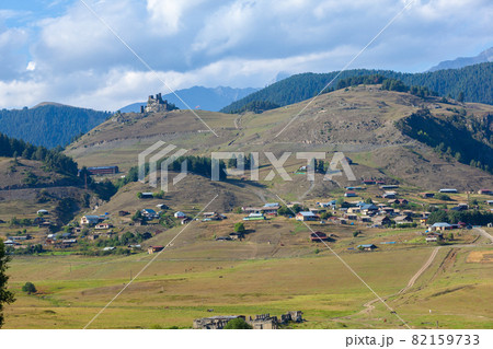 Panoramic view to Omalo mountain village in Tusheti nature reserve. Georgia Panoramic view to Omalo mountain village in Tusheti nature reserve. Georgia 82159733