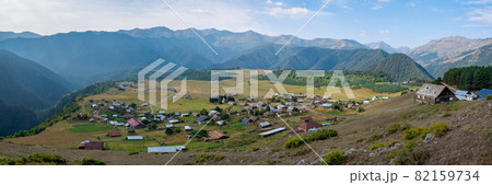 Panoramic view to Omalo mountain village in Tusheti nature reserve. Georgia Panoramic view to Omalo mountain village in Tusheti nature reserve. Georgia 82159734