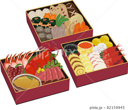 おせち料理　三段重箱　赤 82159945