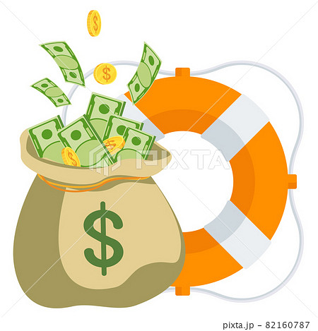 Money sticks out of a bag of money with lifebuoy. Money sticks out of a bag of money with lifebuoy. 82160787
