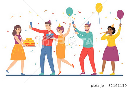 People give gifts for birthday. Cartoon men and women celebrate holiday together. Girl with festive cake accepts congratulations from friends. Cheerful company. Vector fun party concept People give gifts for birthday. Cartoon men and women celebrate holiday together. Girl with festive cake accepts congratulations from friends. Cheerful company. Vector fun party concept 82161150