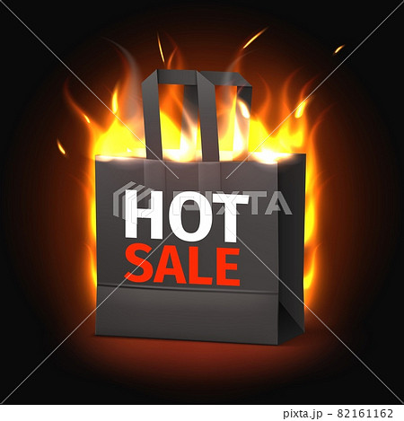 Fire hot sale bag. Super discounts season advertisement, realistic burning shopping handbag, black paper pack with fire inside, flaming effect ad banner, vector isolated concept Fire hot sale bag. Super discounts season advertisement, realistic burning shopping handbag, black paper pack with fire inside, flaming effect ad banner, vector isolated concept 82161162