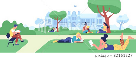 Campus reading books. College students preparing for classes in park. Boys and girls studying outdoor. People learning in university courtyard. Teenagers resting on lawn. Vector concept Campus reading books. College students preparing for classes in park. Boys and girls studying outdoor. People learning in university courtyard. Teenagers resting on lawn. Vector concept 82161227