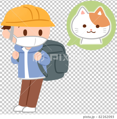 猫と避難する男性(マスク着用) 82162093