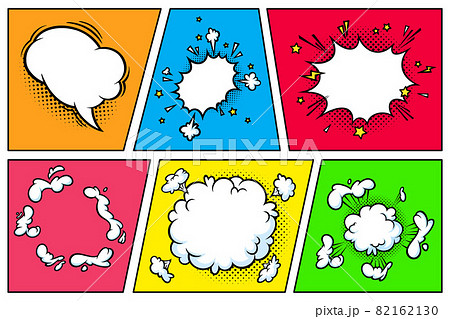 Surprising boom clouds in halftone background for sales and promotions. Colorful banner template for surprises and bursting events. Vector illustration 82162130