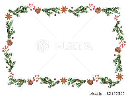 手描き風 クリスマス モミの木 クリスマスツリー と木の実のドライフラワーラインフレームのイラスト素材