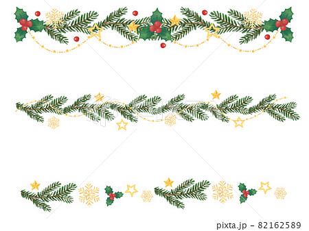 手描き風　クリスマス　モミの木とゴールドの星のラインセット 82162589